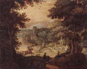 unknow artist a wooded landscape with a hunting party at the edge of a lake,a castle beyond oil on canvas